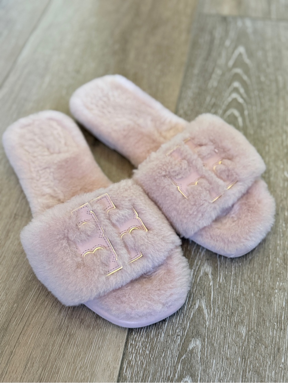 Tory Burch Pink Faux Fur Slide Slippers with Gold Logo
